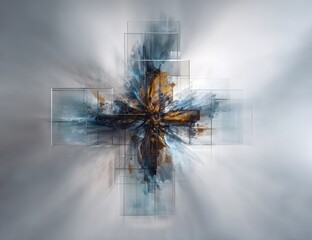 Abstract cross formed from layered translucent squares and textured brushstrokes in gold, blue, and grey, set against a blurred, light background