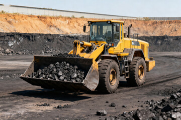 Yellow front-end loader transporting coal in an open-pit mine