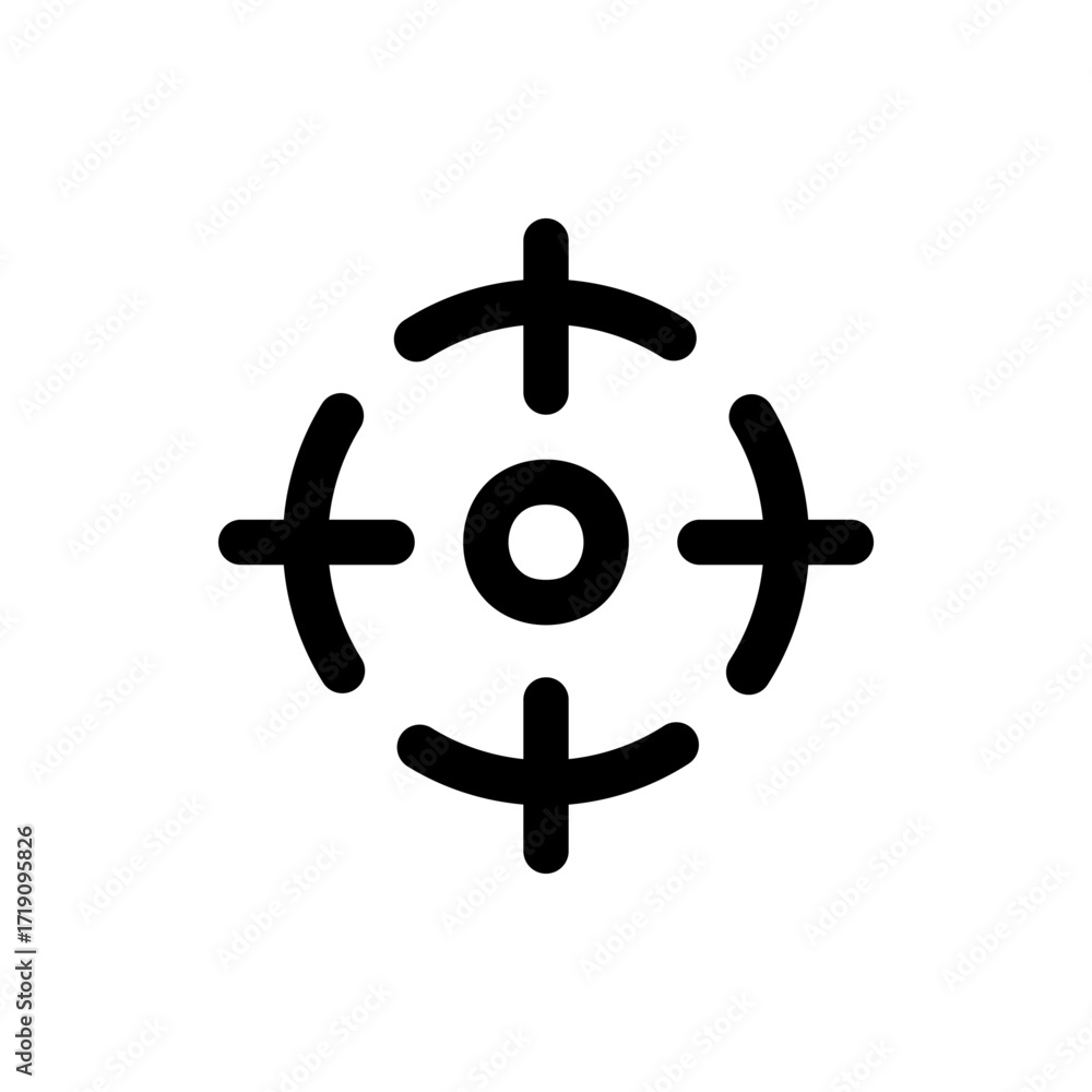 Poster black icon of a target with a central circle and four curved crosshairs pointing inward on a white b