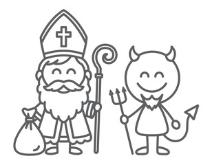 Vector black and white coloring page of Saint Nicholas with a crutch and the devil with a trident. Illustration with simple lines. Christmas and holidays design. Isolated on white background