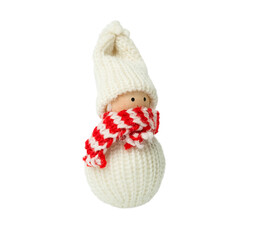 New Year's toy snowman in a hat and scarf isolated side view