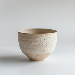 A low, wide ceramic bowl with an off-white, speckled glaze and a subtly textured, sandy-toned base. The glaze shows a horizontal band of lighter color