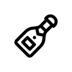 Illustration of a stylized black outline of a champagne bottle with label and rounded cork design element