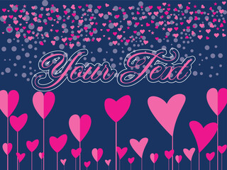 Happy valentines day. A dark blue background adorned with numerous pink heart shapes of varying sizes, some appearing as confetti falling from above, and others as stylized flowers with stems.