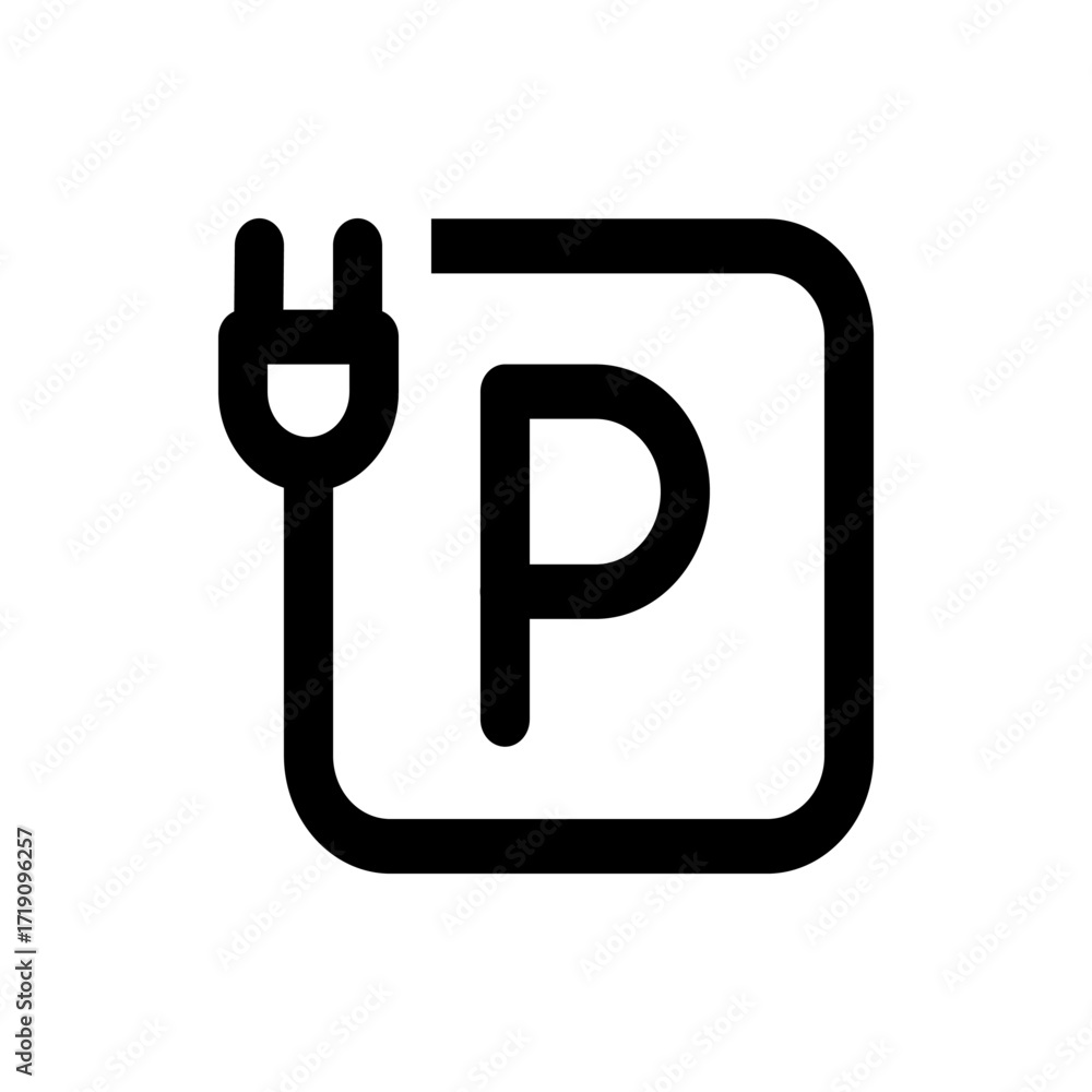 Poster illustration of a power plug connecting to a square port with rounded edges in black and white color
