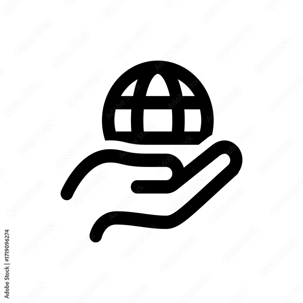 Poster hand holding a globe like structure with grid lines in a simple black and white outline illustration