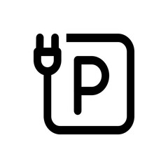 Illustration of a power plug connecting to a square port with rounded edges in black and white color