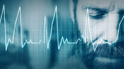 Close-up of a man's face overlaid with an electrocardiogram waveform on a digital grid background