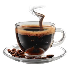 A steaming cup of dark coffee sits on a clear saucer with coffee beans.  The coffee appears freshly poured, with visible crema and rising steam