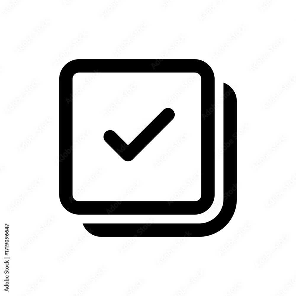 Poster black check mark inside a rounded square with another square behind it in a simple vector graphic st