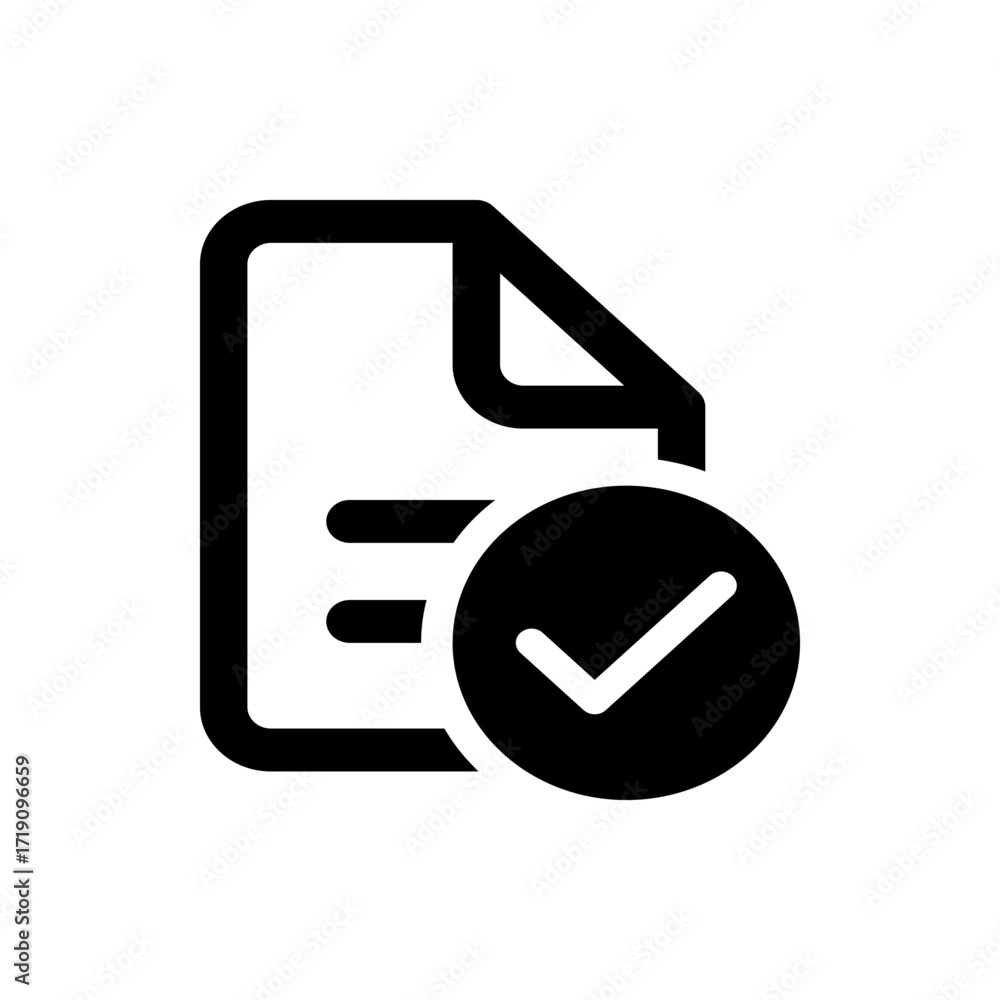 Poster black document icon with rounded corners and a checkmark in a circle signifying completion or approv