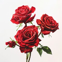A close-up captures a cluster of four deep red roses, their velvety petals meticulously detailed against a stark white backdrop.  A single, unopened bud adds to the composition's elegance