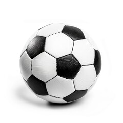 A classic black and white soccer ball, meticulously detailed, sits on a stark white background, casting a subtle shadow