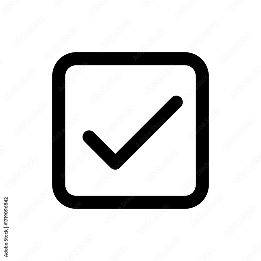 Poster black outlined square with rounded corners containing a check mark on a white background in a simple