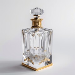 A square crystal decanter with gold detailing, featuring a faceted stopper and an ornate gold-trimmed base