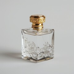 A square glass perfume bottle with an etched floral design and a gold cap sits on a plain background