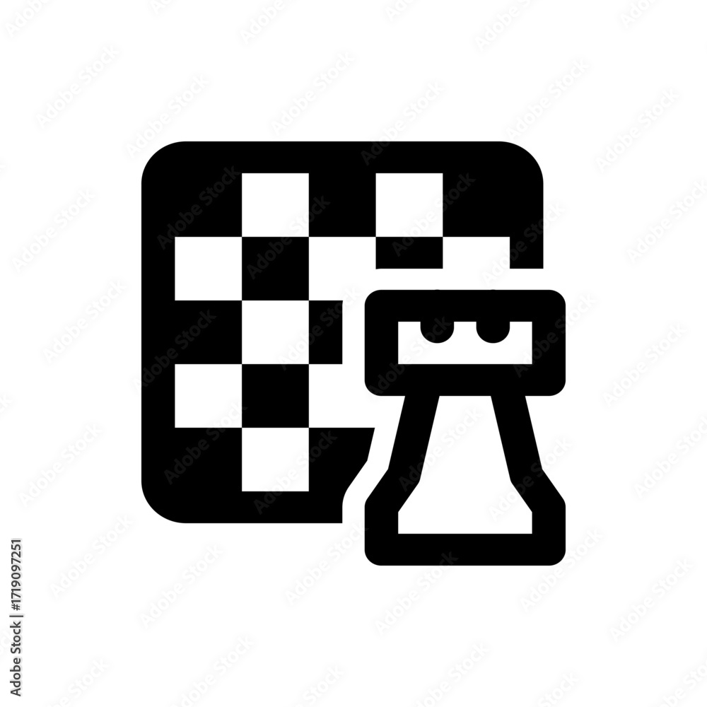 Poster black and white icon depicting a checkered flag next to a stand with two circular shapes on top