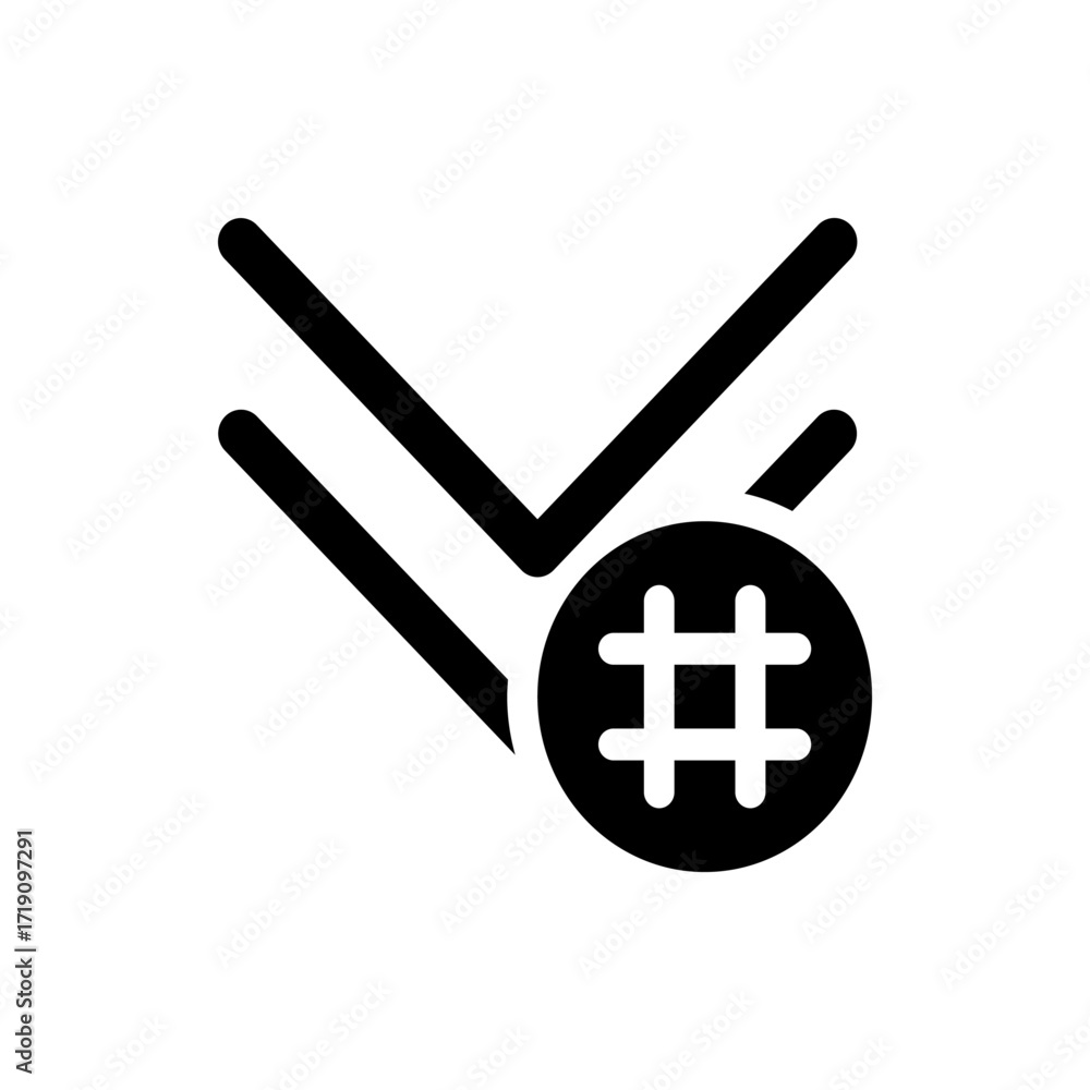 Aufkleber black double chevron pointing down with a circle containing a hashtag symbol on the lower right side