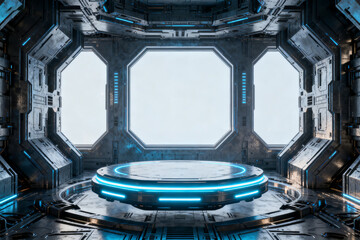 Futuristic spacecraft interior with illuminated circular platform and large octagonal windows