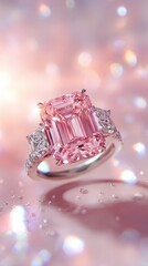 A pink gemstone emerald-cut ring, adorned with smaller diamonds on the band, is elegantly showcased against a bokeh backdrop of pink and white light