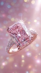 A radiant pink gemstone ring, emerald-cut, set in a pave-diamond band, floats against a bokeh backdrop of pastel hues