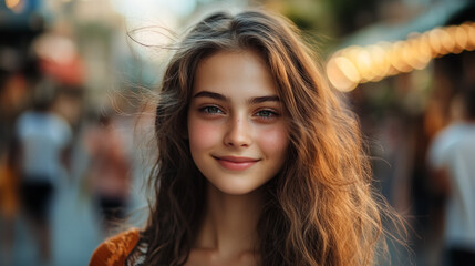A girl smiles on bustling street