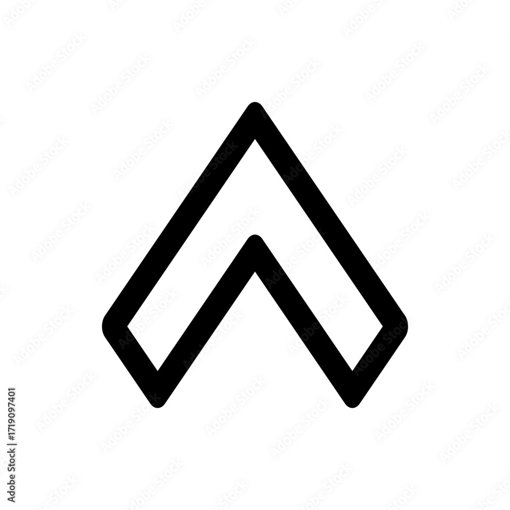 Poster a simple chevron pointing upwards with thick black outline on a white background in a minimalist sty