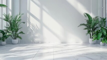 Bright and airy interior with plants and natural light. Concept of tranquility and minimalism.