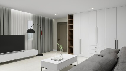 Elegant living room with a sleek TV unit, tall grey curtains, modern floor lamp, white wardrobes with black handles, grey sofa, and a minimalist coffee table with decor