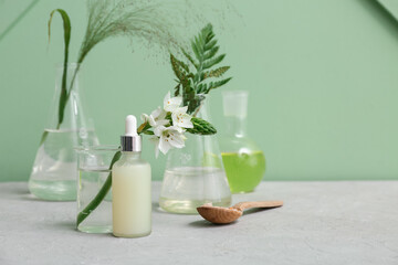 Laboratory glassware with ingredients and samples for preparing natural cosmetics on grey table near green wall