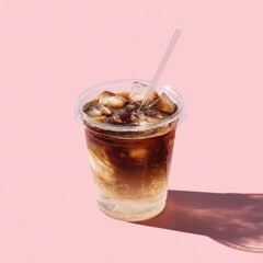 Iced coffee in a clear plastic cup with ice cubes and a straw, set against a pink background, casting a shadow