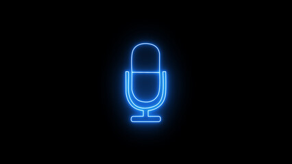 Bright blue neon microphone icon, symbolizing audio recording, podcasting, and digital voice communication with a modern glowing outline, isolated on black background