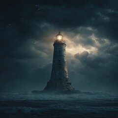 A solitary lighthouse stands tall against a stormy night sky, its beam piercing the dark, turbulent sea.  Waves crash around its rocky base, creating a dramatic and atmospheric scene