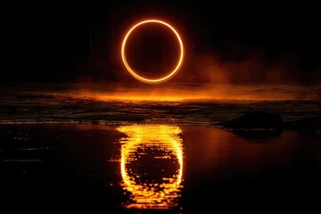 Glowing orange ring hovers above a dark, still body of water, reflecting its light, creating a mystical, ethereal scene at night