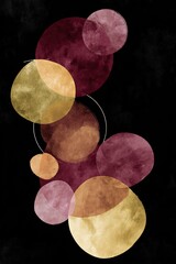 Abstract artwork featuring overlapping circles in muted burgundy, gold, and brown hues against a dark background.  The circles vary in size and transparency, creating a sense of depth and movement