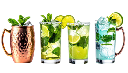 Four refreshing cocktails in various glasses