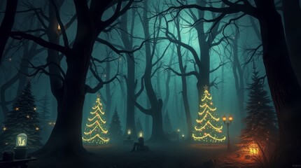 Enchanted Forest with Decorated Trees: An ethereal forest scene, adorned with illuminated Christmas trees and soft, glowing lights, creating a magical ambiance.