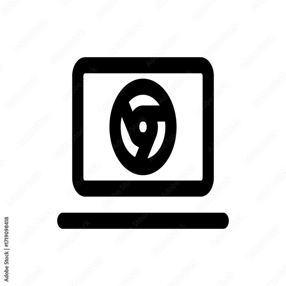 Poster black outline of a laptop displaying a circular icon with three curved arrows pointing inwards on sc