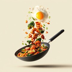 A wok in midair, showcasing a vibrant stir-fry with chicken, broccoli, and a fried egg, all suspended in dynamic motion against a muted backdrop