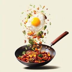 A fried egg and stir-fried dish are suspended in mid-air above a wok, showcasing a dynamic cooking scene