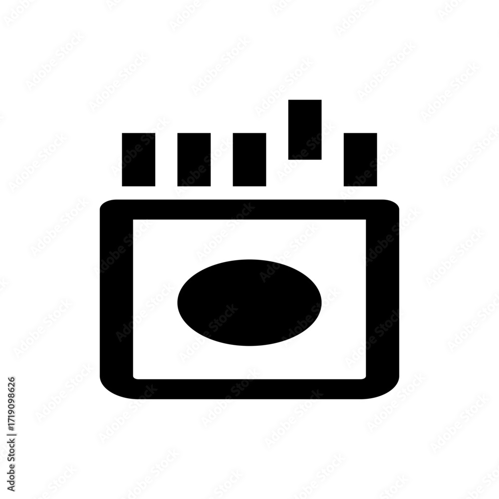 Poster illustration of a black and white device with a square body and a circular button and three bars on 