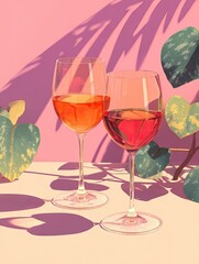 Two wine glasses filled with ros? and orange wine sit on a pale surface against a pink background, with leafy plants and shadows adding to the summery scene