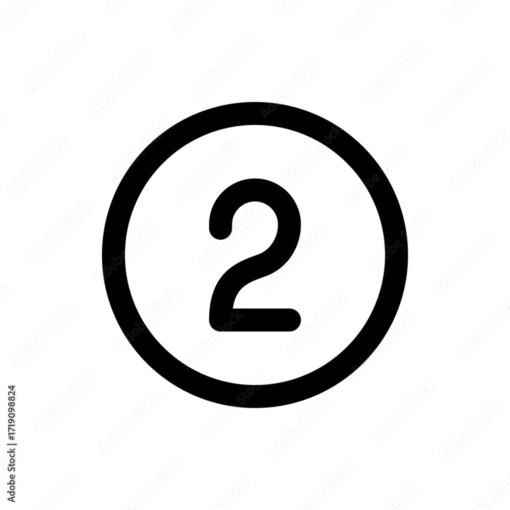 Poster illustration of the number two centered inside a black circle with a white background and simple des