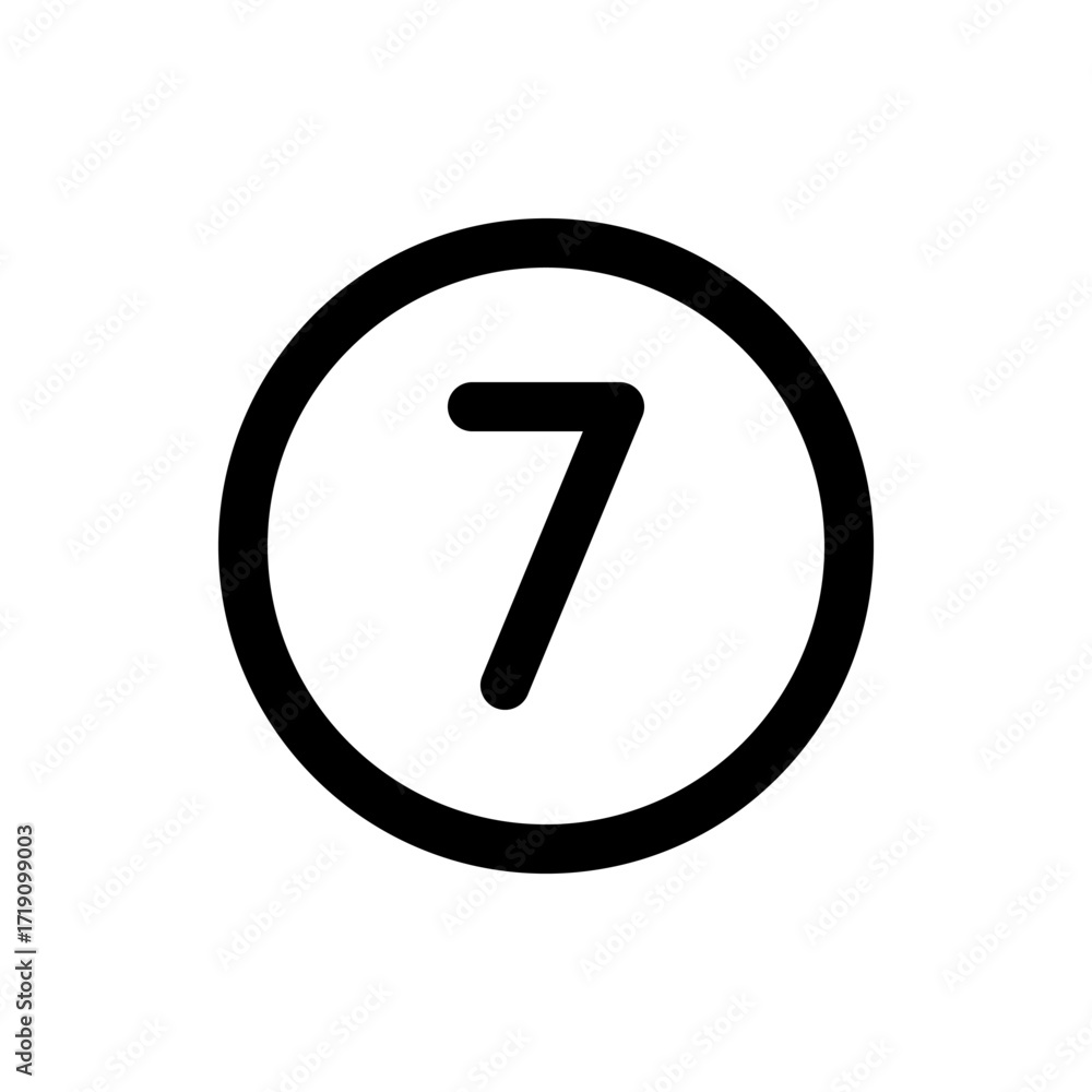 Poster number seven inside a black circle with a white background, simple and minimalist design element use