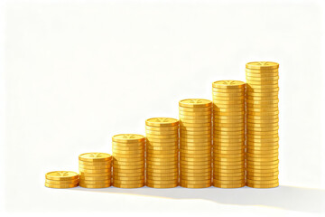 Stacks of golden coins arranged in ascending order against a white background