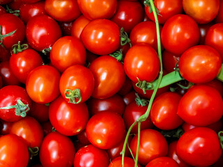 Fresh ripe red cherry tomatoes with green stems piled together close up
