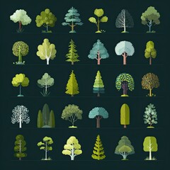 A grid showcases thirty diverse stylized tree illustrations, each rendered in a flat, vector design with varying heights, leaf types, and color palettes against a dark background