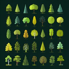 A collection of thirty-six stylized tree illustrations, showcasing diverse shapes and foliage colors against a dark background