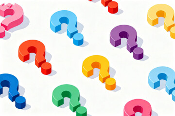 Colorful 3D question marks arranged in a pattern on a light background