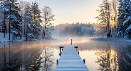 Tranquil winter morning with mist rising over a frozen lake and snow-covered trees.